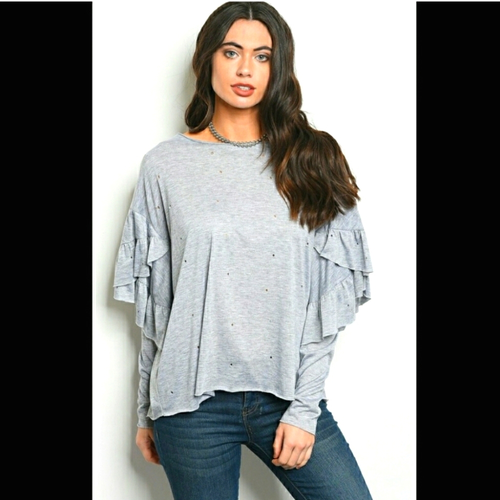 Cotton Bleu long sleeved distressed top gray Small